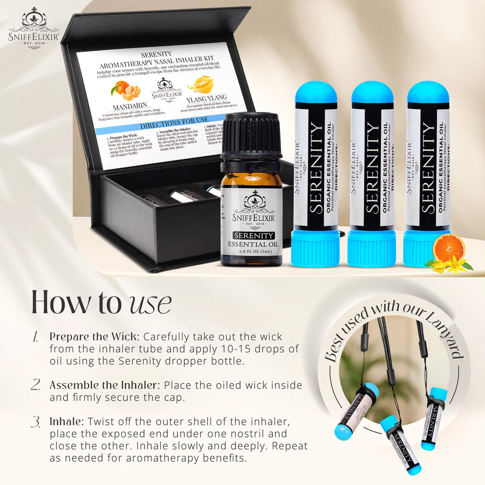 SniffElixir Serenity essential oil blend bottle for mood calm.