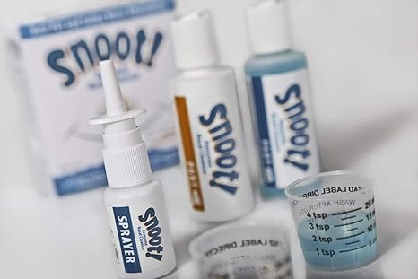 Snoot! blue nasal sprayers shown with mixing cups for precise, budget-friendly rinses.