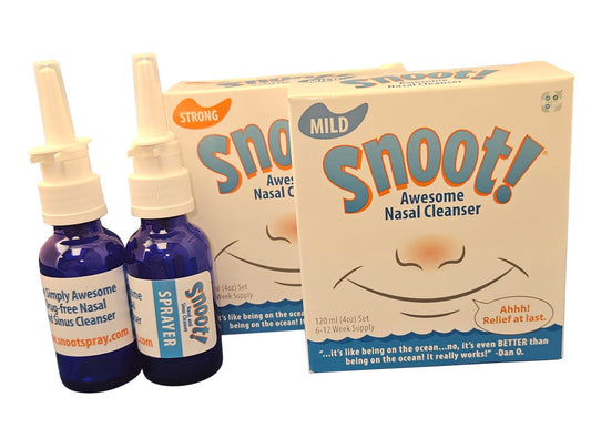 Snoot! nasal cleanser bottle pour demonstrates portable, drug-free nasal rinse on the go