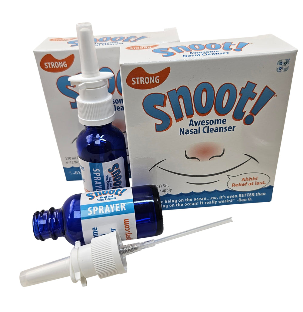 Snoot! nasal cleanser strong formula pack with blue sprayers for on-the-go relief.