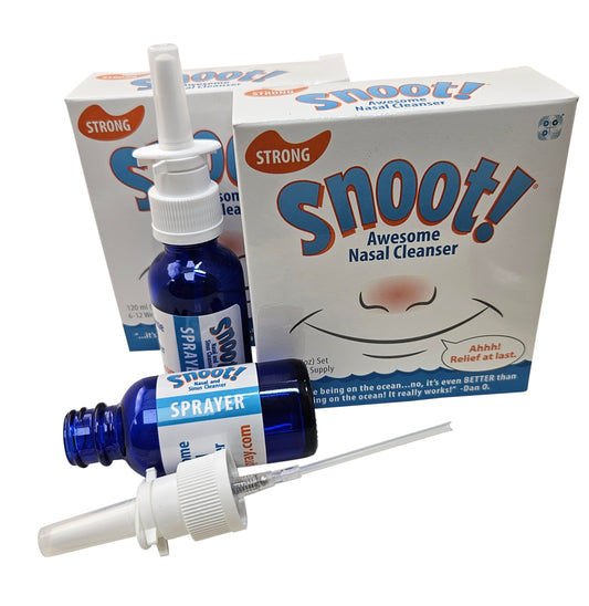 Snoot! nasal cleanser strong formula pack with blue sprayers for on-the-go relief.