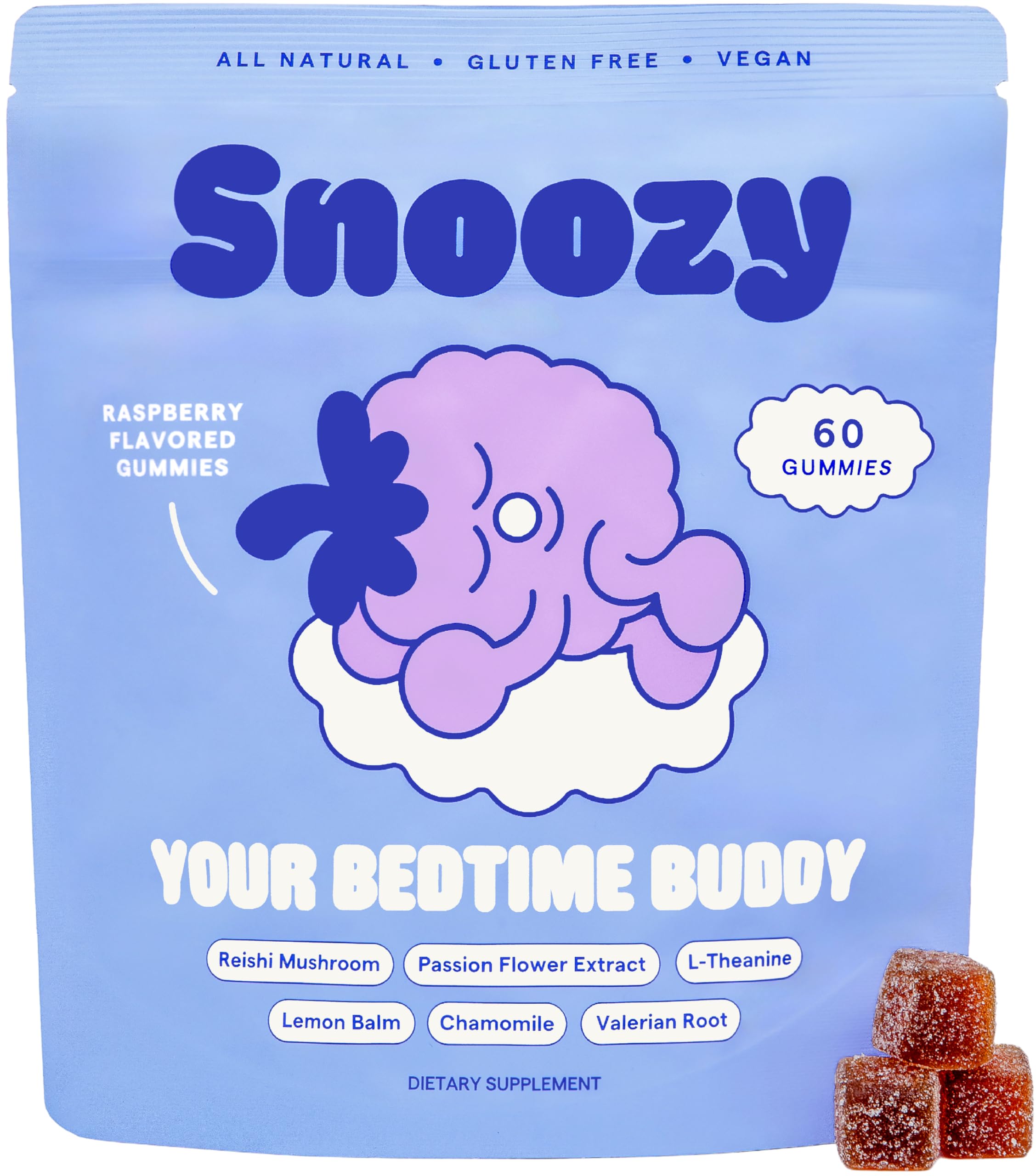 Snoozy Bedtime Buddy pack front highlights a natural sleep aid for calmer evenings