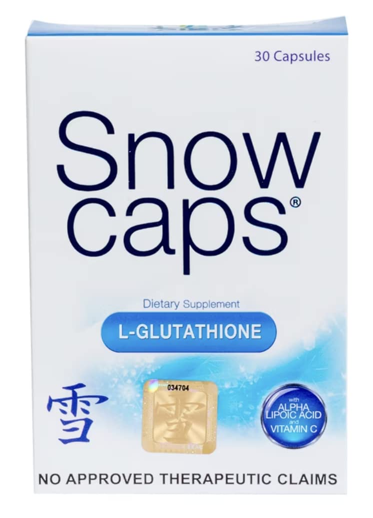 Snow Caps bottle and packaging featuring reduced glutathione capsules for skin glow.