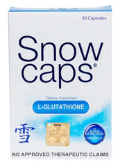 Snow Caps bottle and packaging featuring reduced glutathione capsules for skin glow.