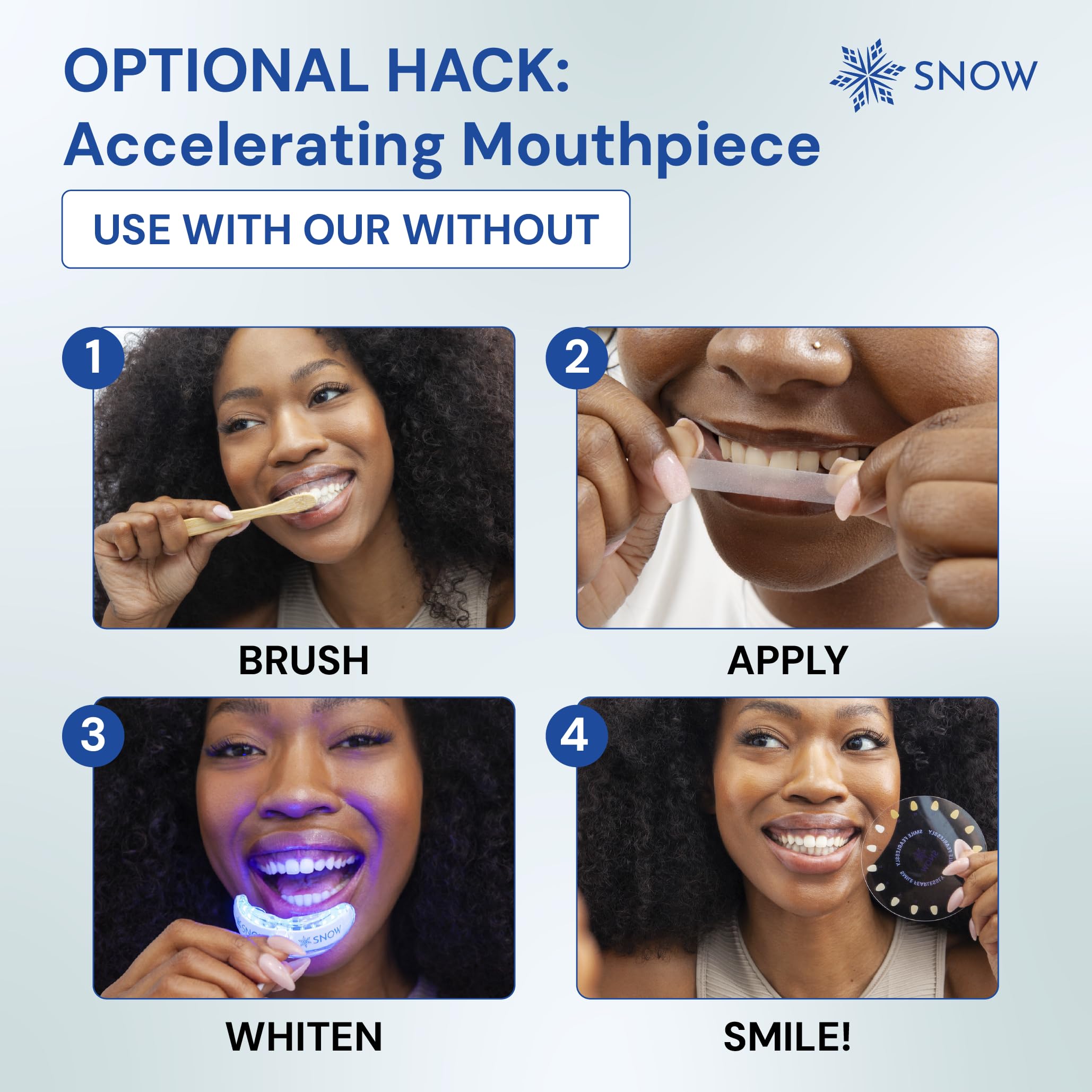 Snow DiamondSeries whitening strips before after showing brighter look