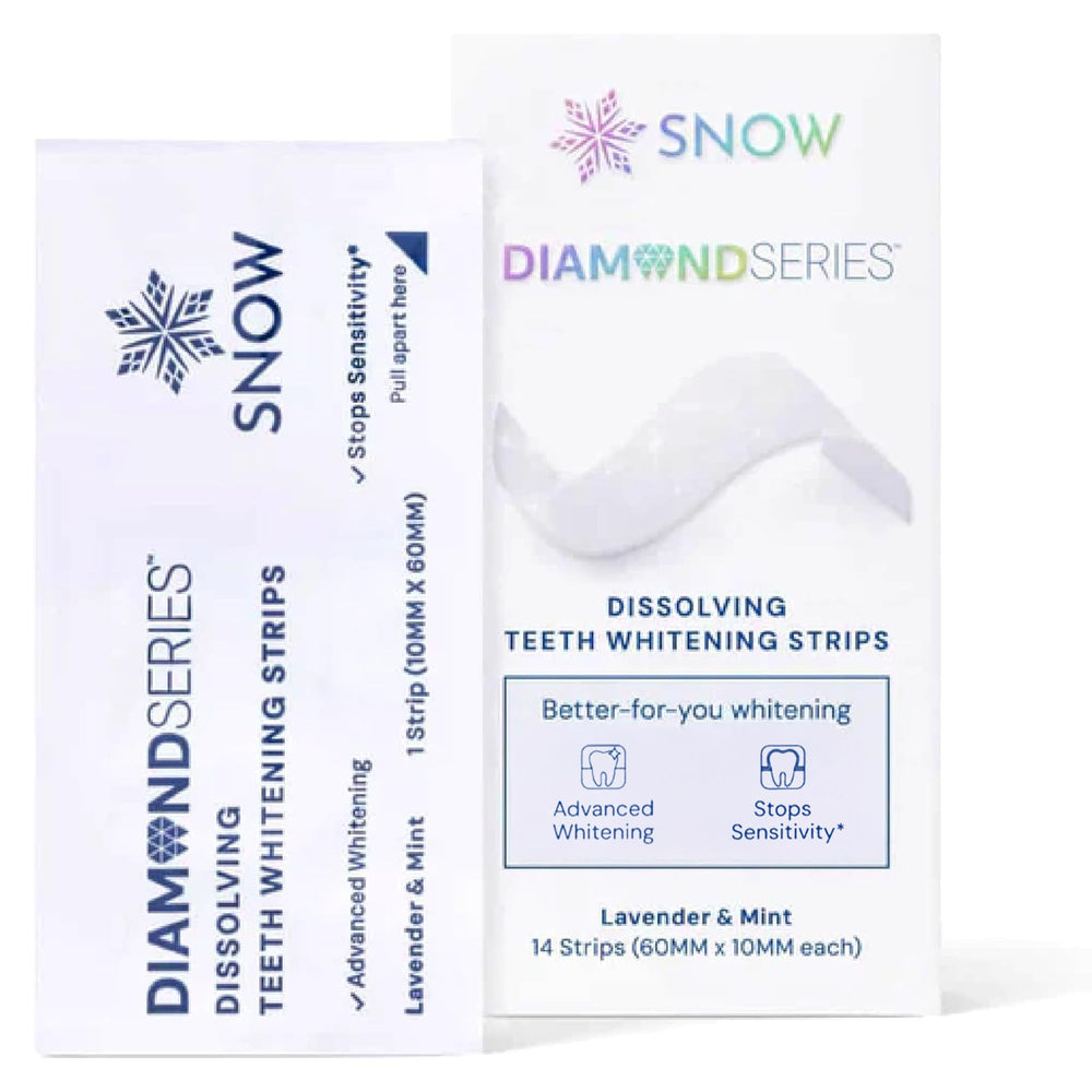 Snow DiamondSeries whitening strips 14ct box front showcasing premium at home kit