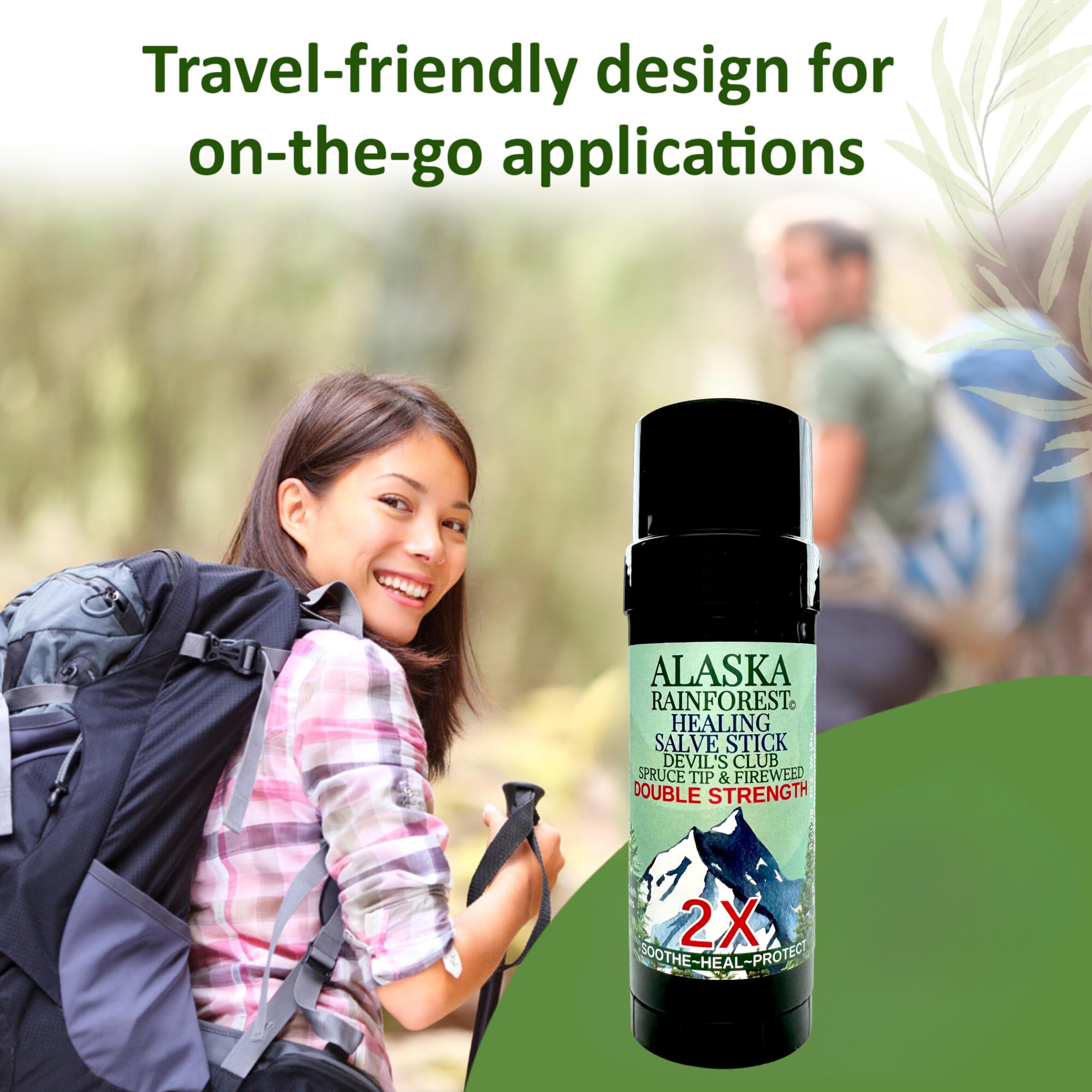 Snowy Summit Alaska Rainforest 2X Salve Stick application demonstrates joints relief.