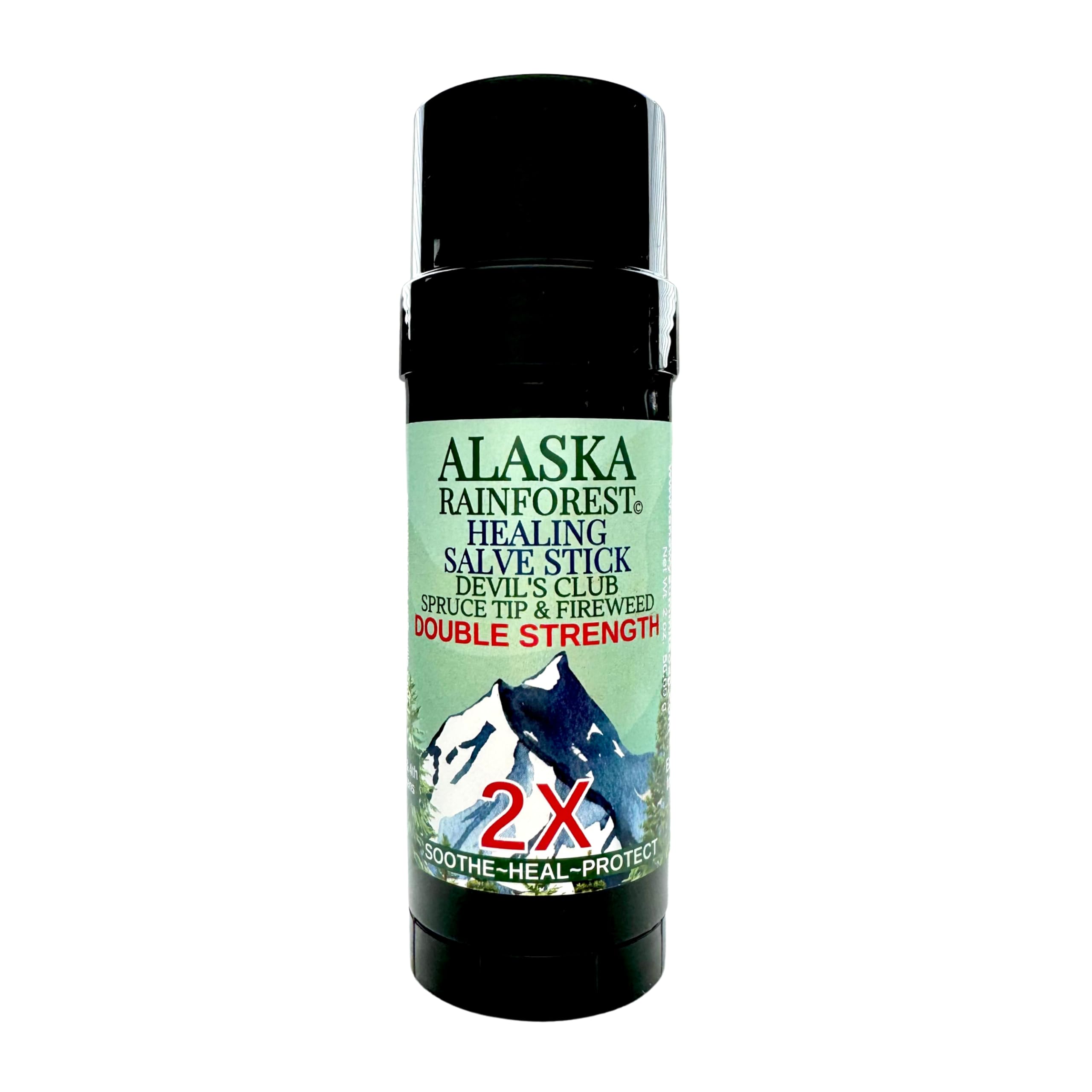 Snowy Summit Alaska Rainforest 2X Salve Stick packaging highlights natural ingredients.