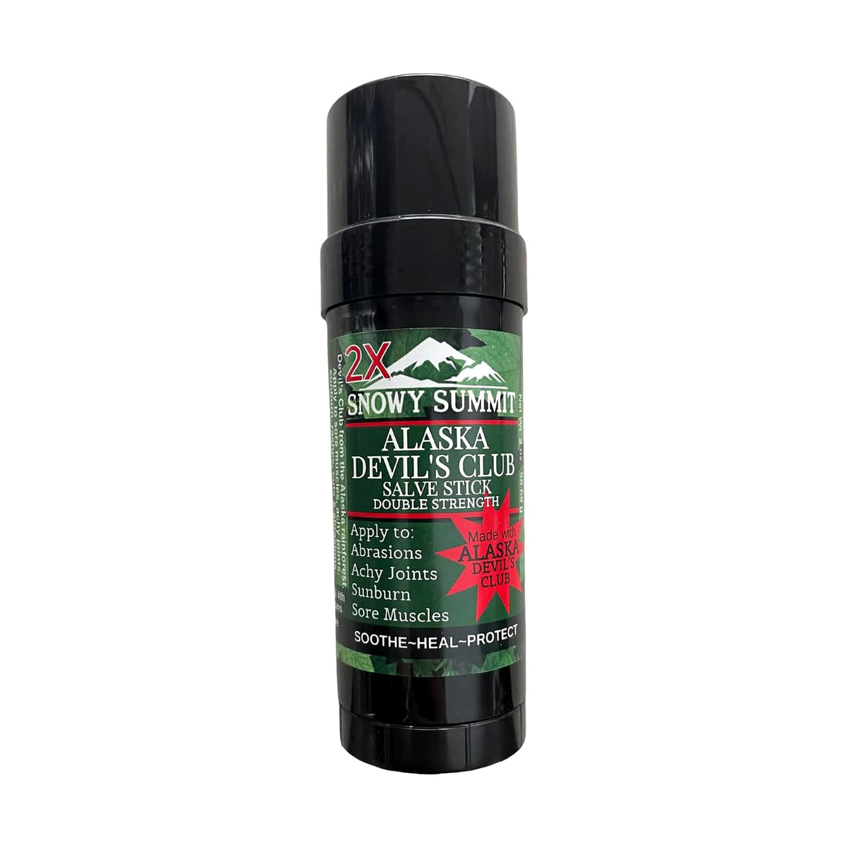 Snowy Summit Devil's Club 2X Salve Stick packaging highlights natural ingredients and portability.