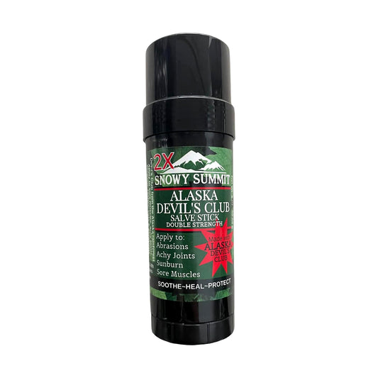Snowy Summit Devil's Club 2X Salve Stick packaging highlights natural ingredients and portability.