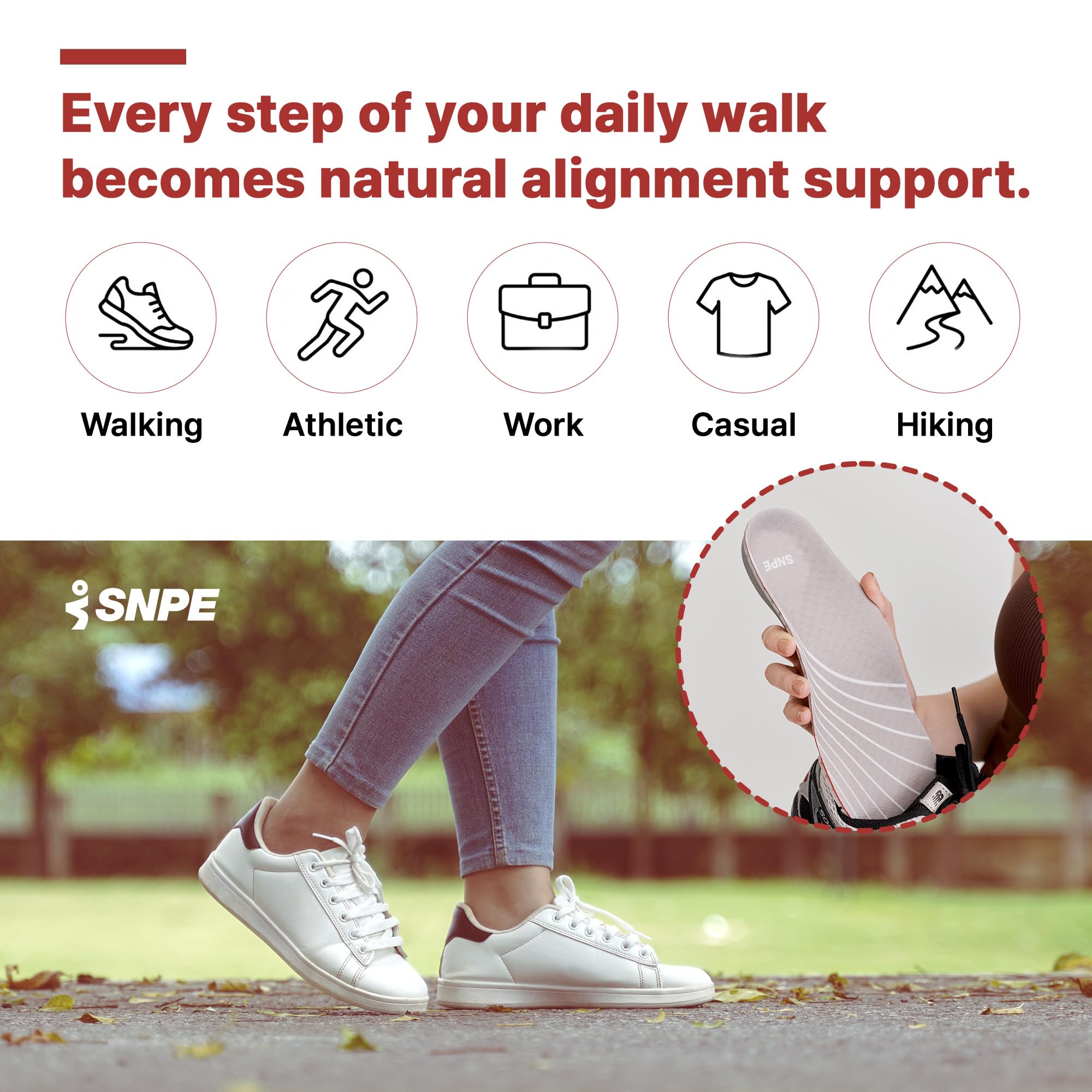 SNPE Arch Support Insoles in shoe view demonstrates easy integration with existing footwear.