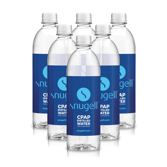 Snugell CPAP distilled water 6-pack packaging for travel-ready care