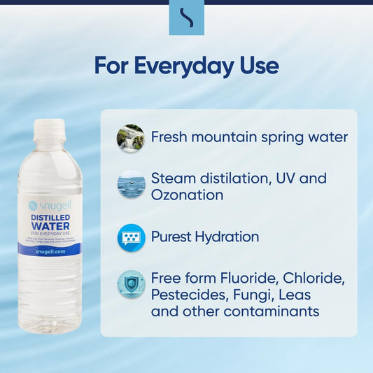 Close-up of Snugell distilled water bottle showing clarity and purity for daily use.