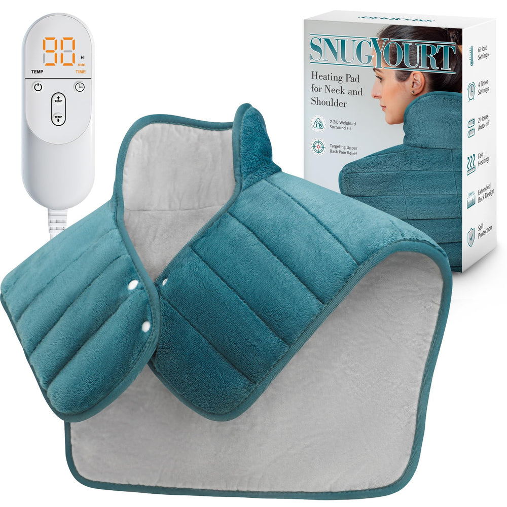 SNUGYOURT heating pad back-24x23 extended coverage targets neck and upper back for full warmth.