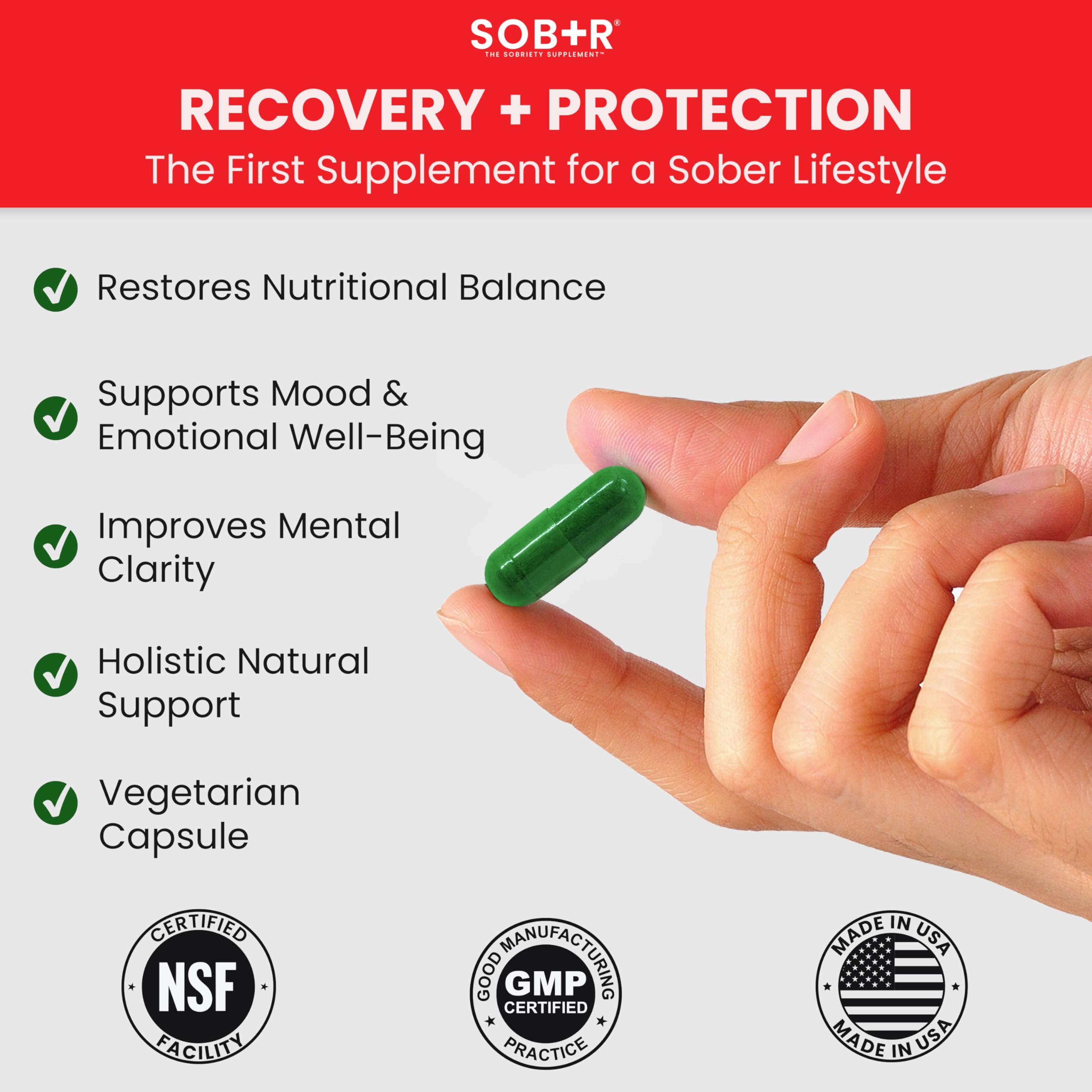 SOB+R packaging conveys safe, clean formulation for recovery support.