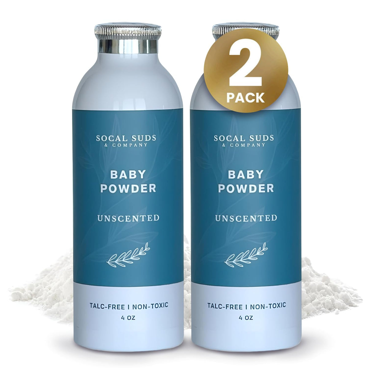 SoCal Suds & Company unscented baby powder bottle showing talc-free formula for sensitive skin.