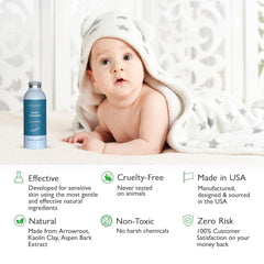 SoCal Suds & Company talc-free baby powder close-up highlights fragrance-free formula.