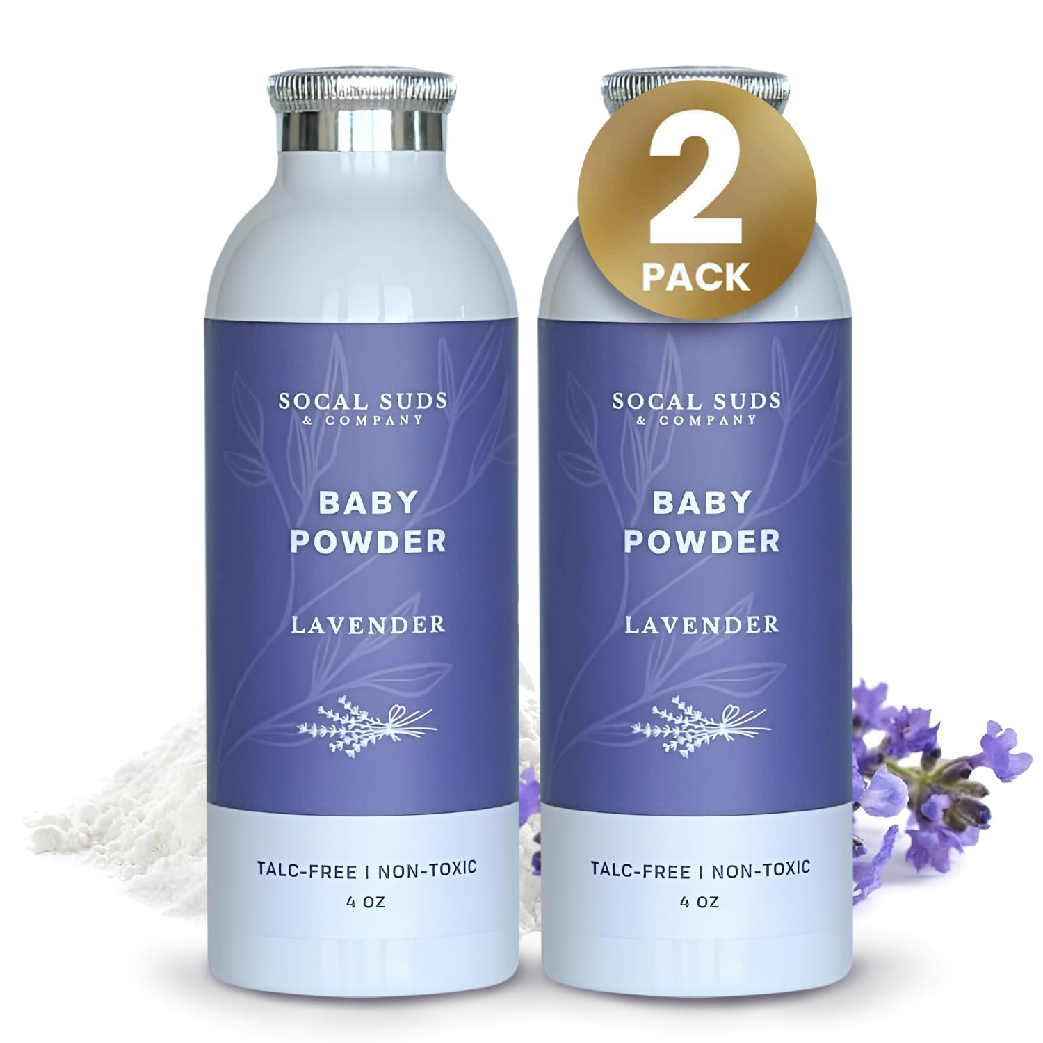 SoCal Suds & Company lavender baby powder packaging showcases a talc-free blend for gentle baby care.