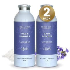 SoCal Suds & Company lavender baby powder packaging showcases a talc-free blend for gentle baby care.