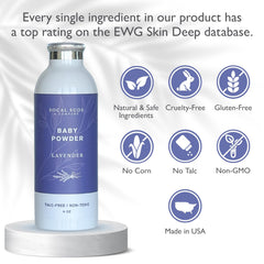 SoCal Suds & Company talc-free baby powder with arrowroot and kaolin for natural moisture control.