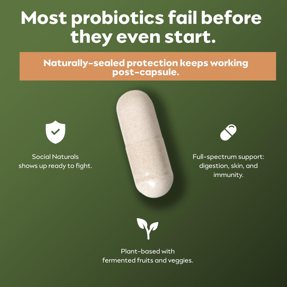 Social Naturals Daily Probiotic vegan formula promotes plant-based gut balance.