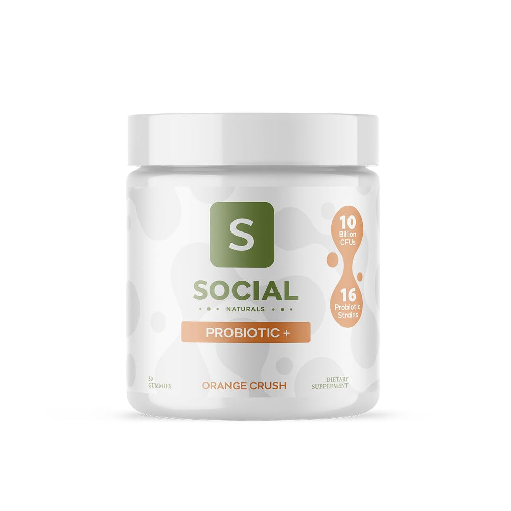 Social Naturals Probiotic Gummies Orange Crush bottle showing shelf-stable packaging