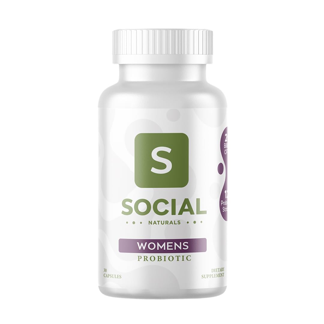Social Naturals Women's Probiotic bottle on the kitchen counter for daily digestive support
