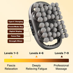 Soffiya massage gun with LED display showing mode and level.