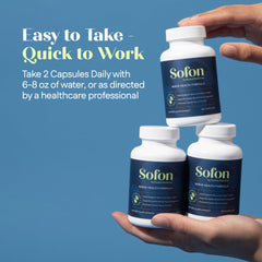 Sofon bottle on desk beside a glass of water for routine.