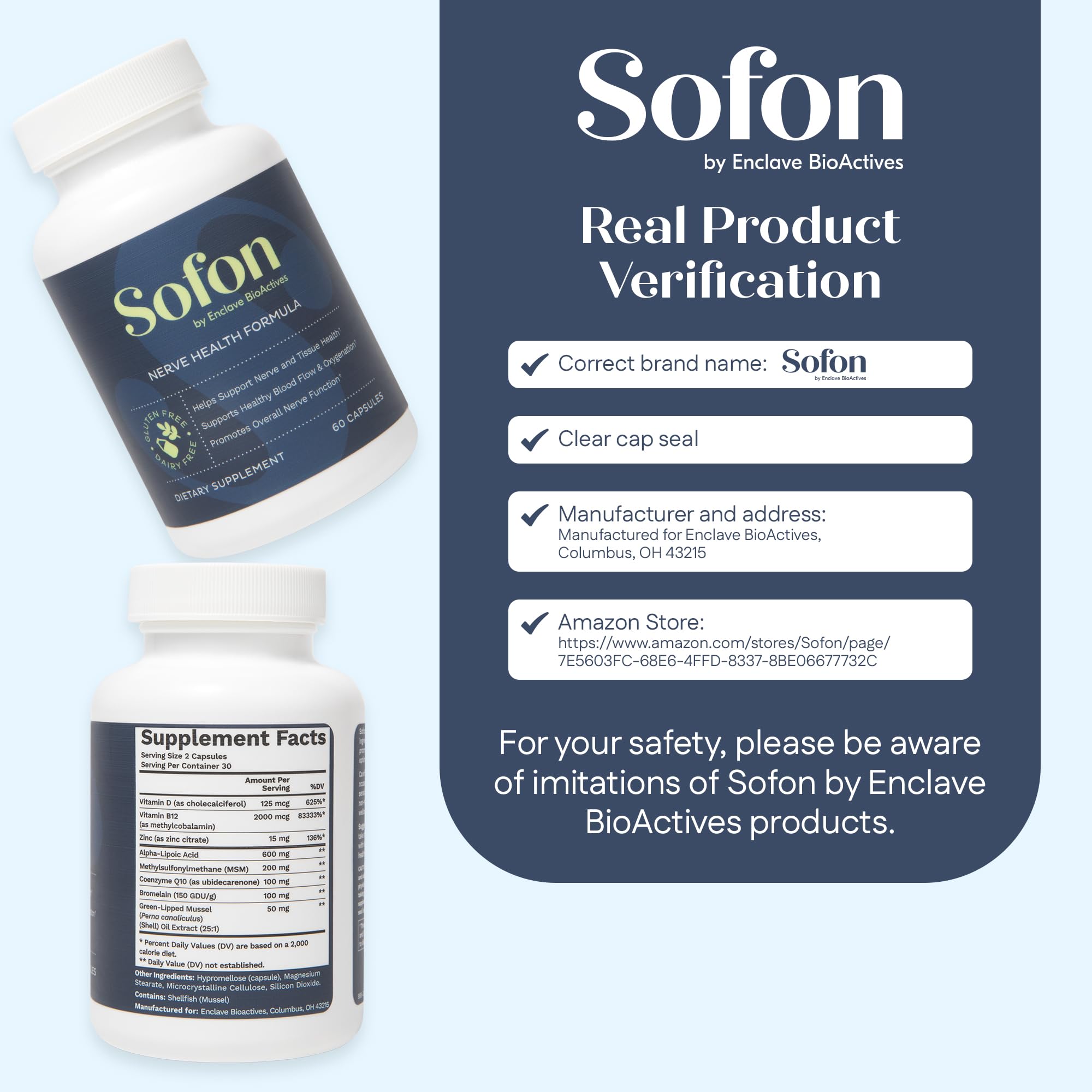 Sofon label detail showcasing product name and key benefits.