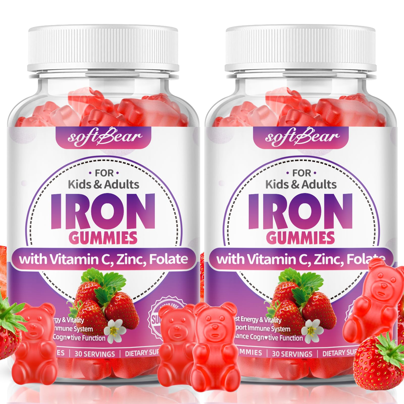 SoftBear Iron Gummies bottle with 65 mg iron and vitamin blend for energy support.