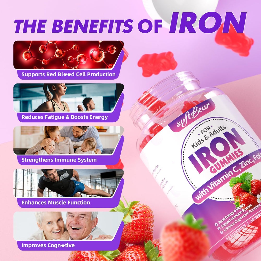 SoftBear iron gummies nutrition label emphasizing vitamin C and B-complex.