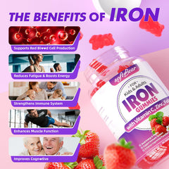 SoftBear iron gummies nutrition label emphasizing vitamin C and B-complex.