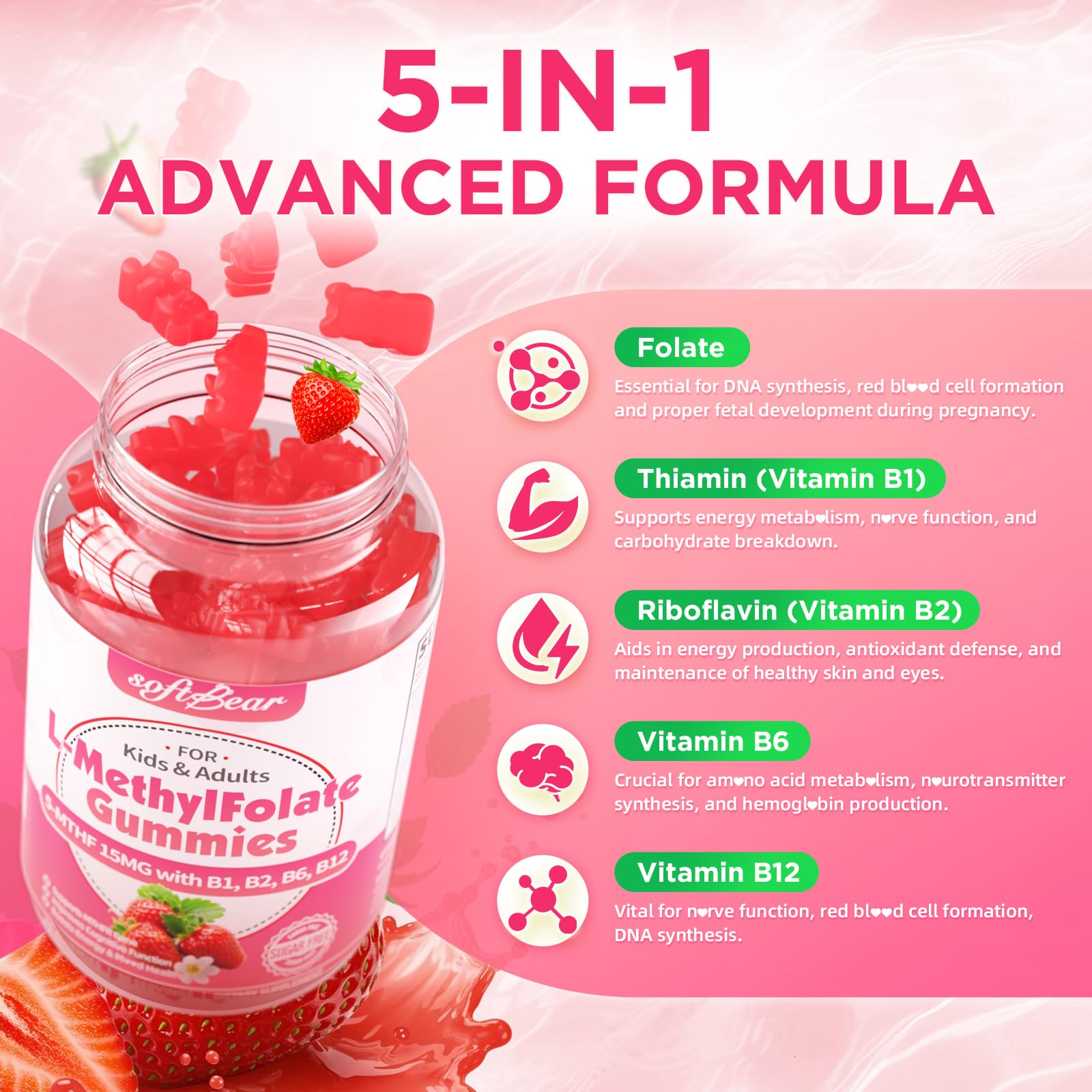 Softbear L-Methylfolate gummies adults serving highlighting cognitive support