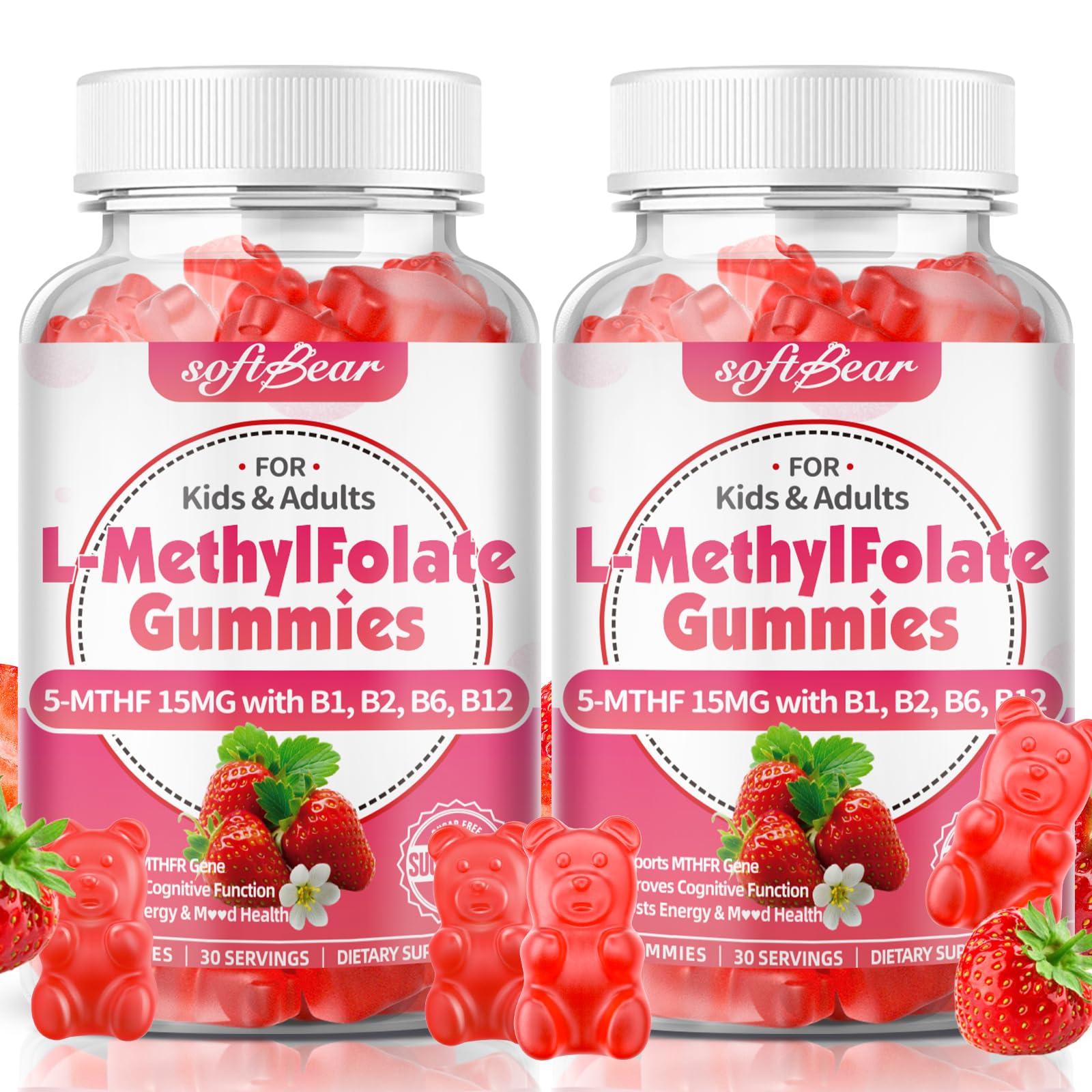 Softbear L-Methylfolate 15mg gummies bottle-front for easy daily focus support