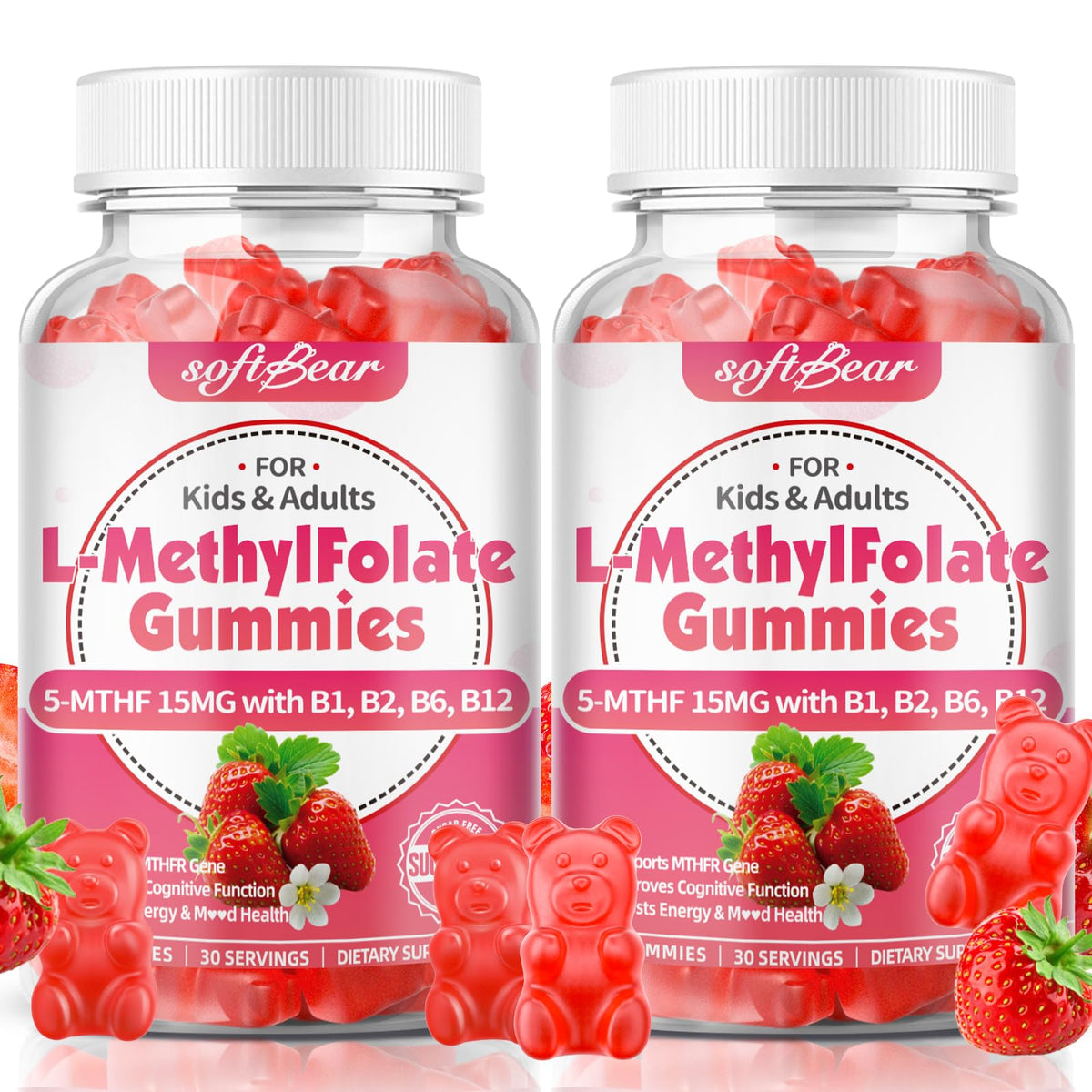 Softbear L-Methylfolate 15mg gummies bottle-front for easy daily focus support