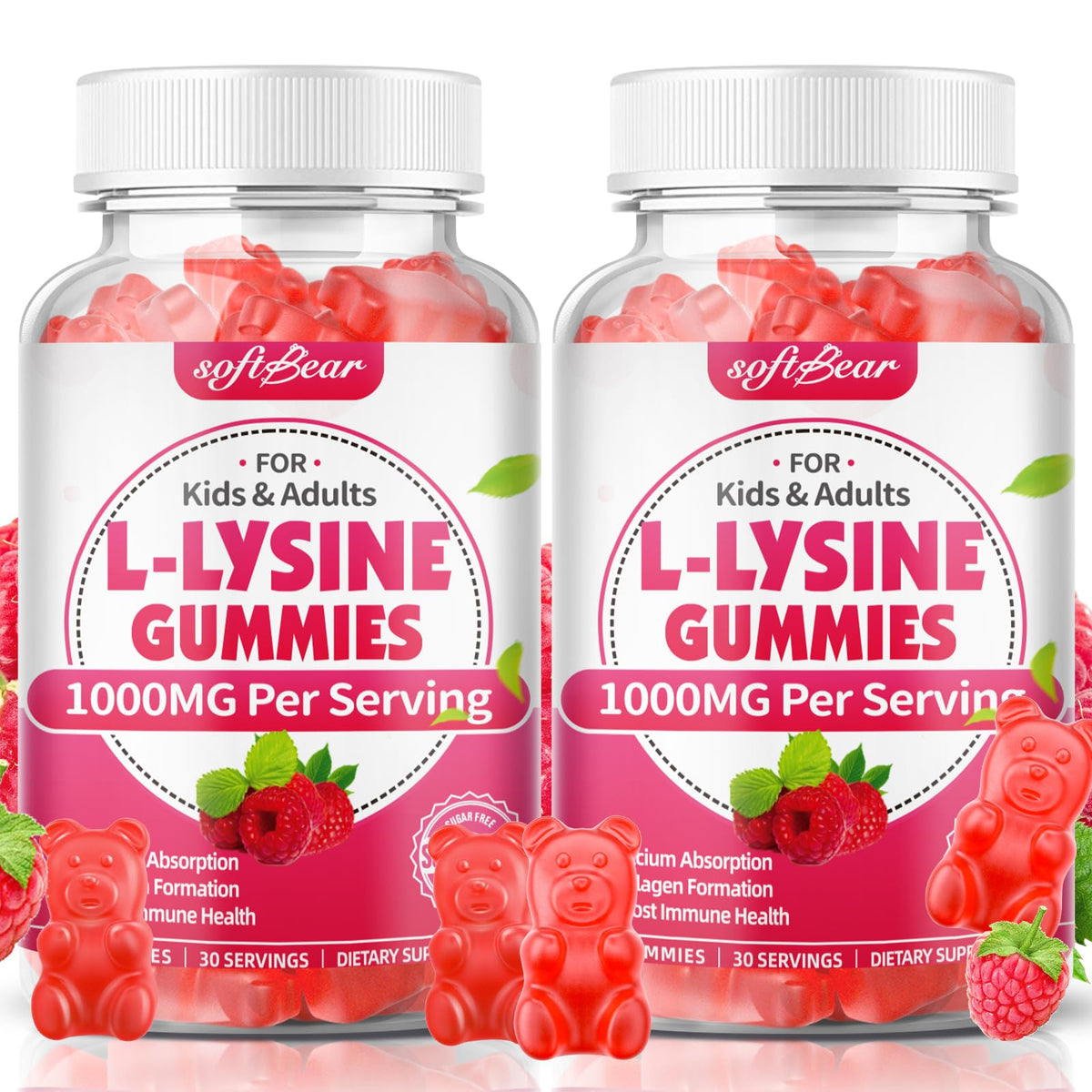 SoftBear L-Lysine Gummies bottle shows vegan, non-GMO formula for adults and kids.