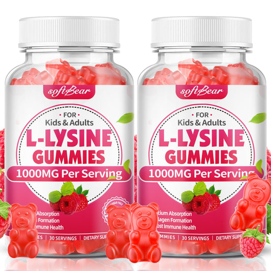 SoftBear L-Lysine Gummies bottle shows vegan, non-GMO formula for adults and kids.