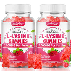 SoftBear L-Lysine Gummies bottle shows vegan, non-GMO formula for adults and kids.