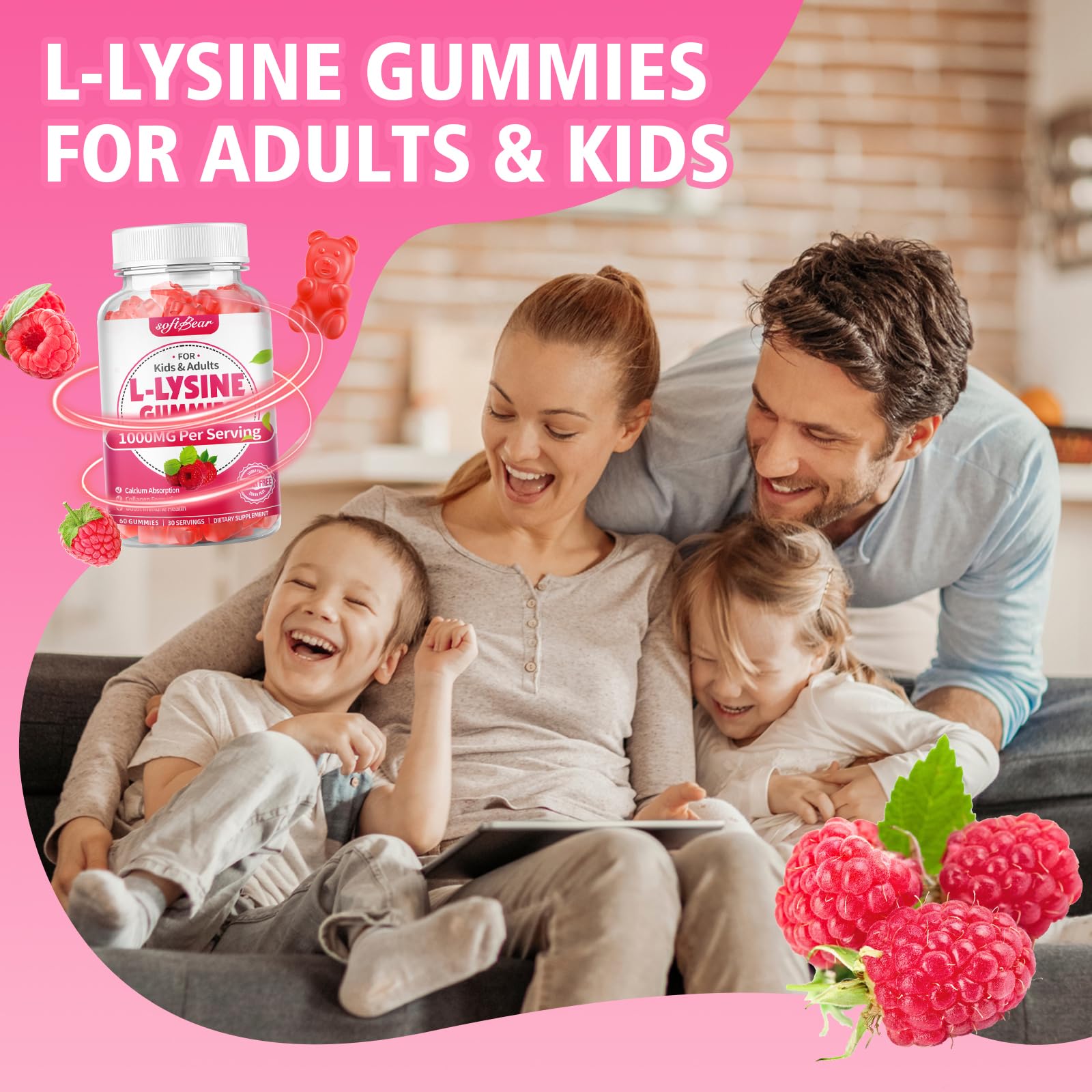 SoftBear L-Lysine Gummies packaging suggests family-friendly daily routine.