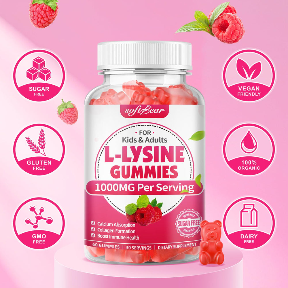 SoftBear L-Lysine Gummies plant-based ingredients emphasize vegan, gluten-free formula.
