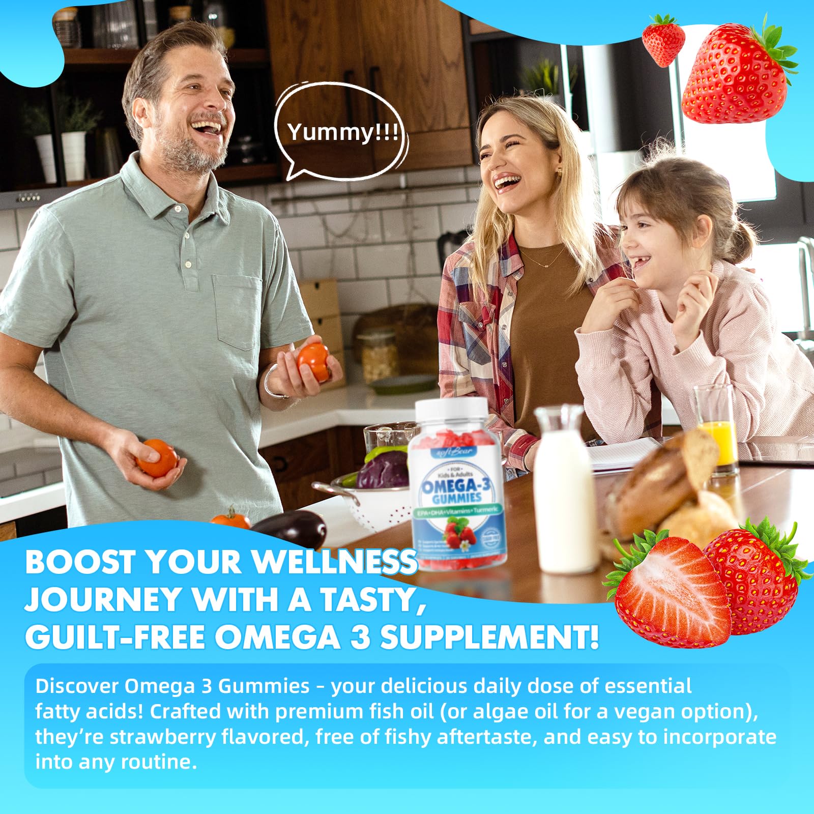 softbear Omega-3 gummies adults-use image suggests daily wellness routine for adults