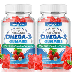 softbear Omega-3 Gummies bottle highlights a vegan EPA/DHA blend for eye and brain support