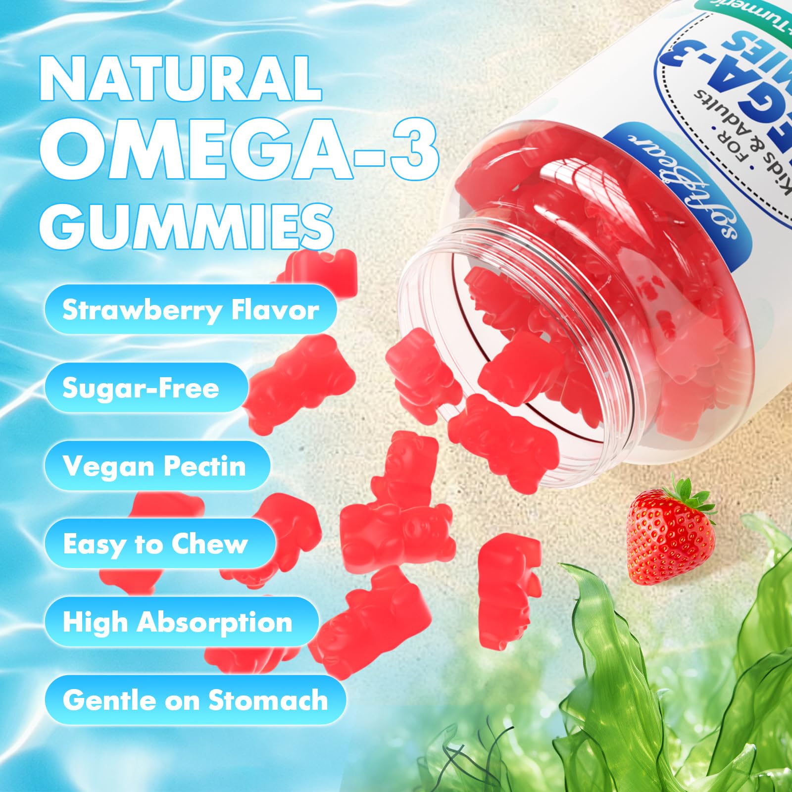 softbear Omega-3 gummies kids-use image conveys kid-friendly omega-3 with eye-brain development hints