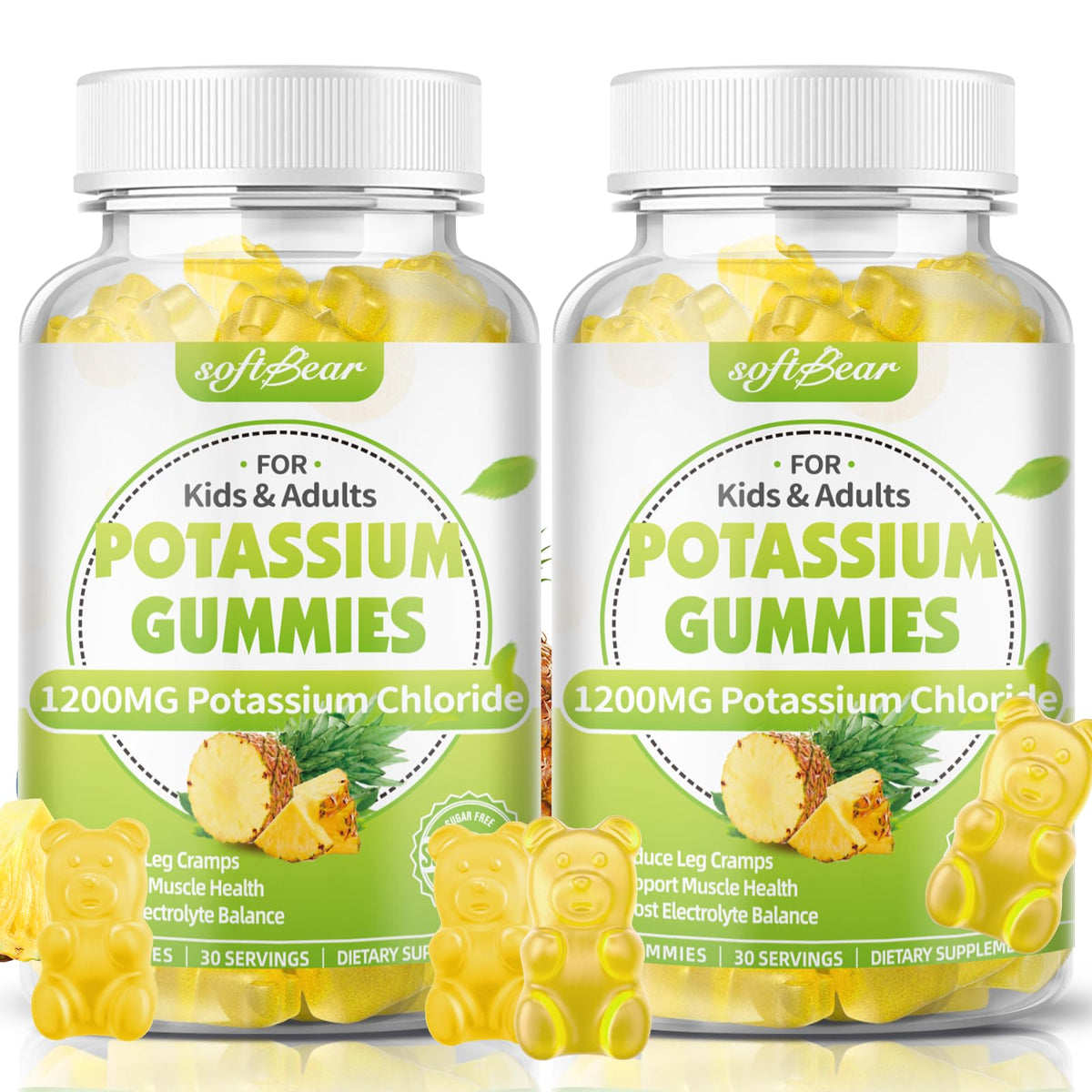 SoftBear Potassium Chloride Gummies bottle front highlighting 1200 mg per serving.