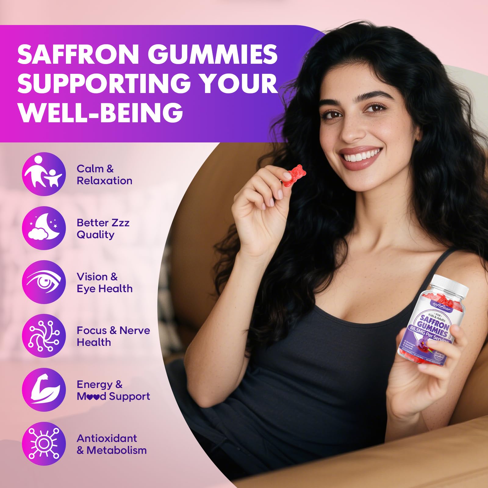 Softbear saffron gummies adults-relax illustrates support for focus and nighttime rest