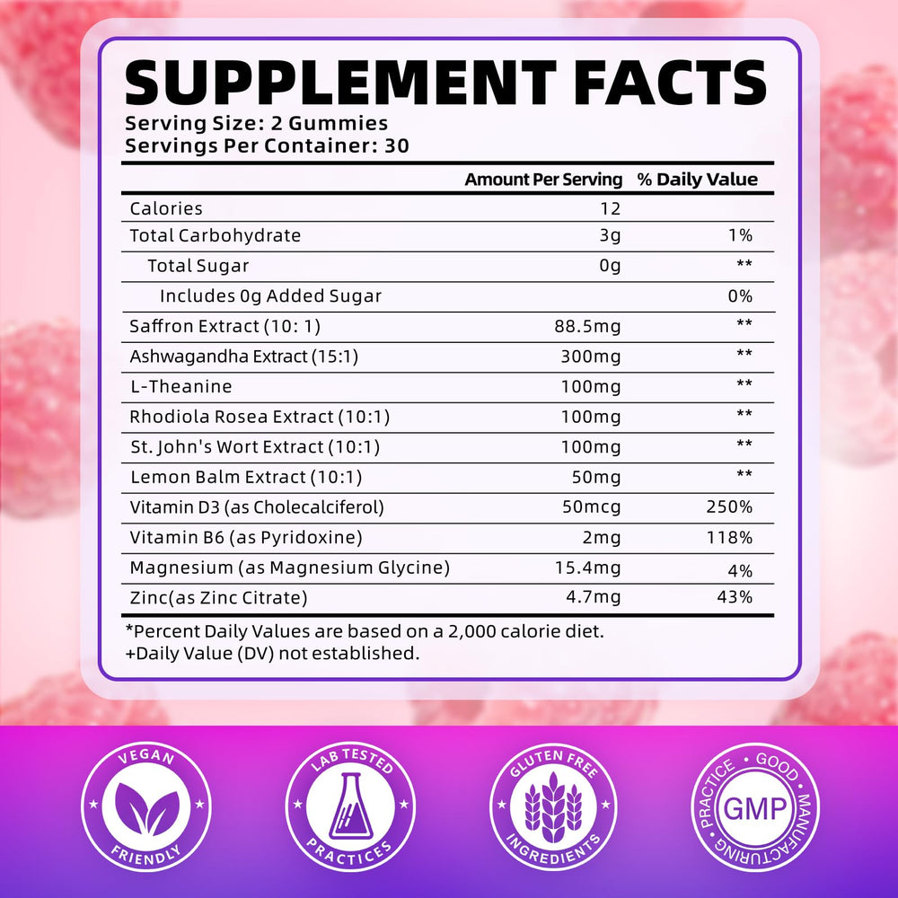 Softbear saffron gummies bottle pour highlights easy daily intake with raspberry flavor