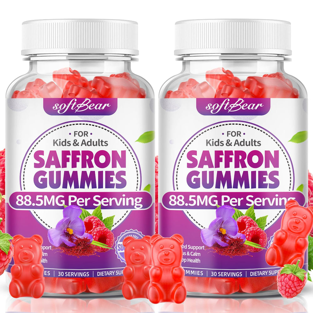Softbear saffron gummies bottle shows 10-in-1 formula for calm focus and sleep support