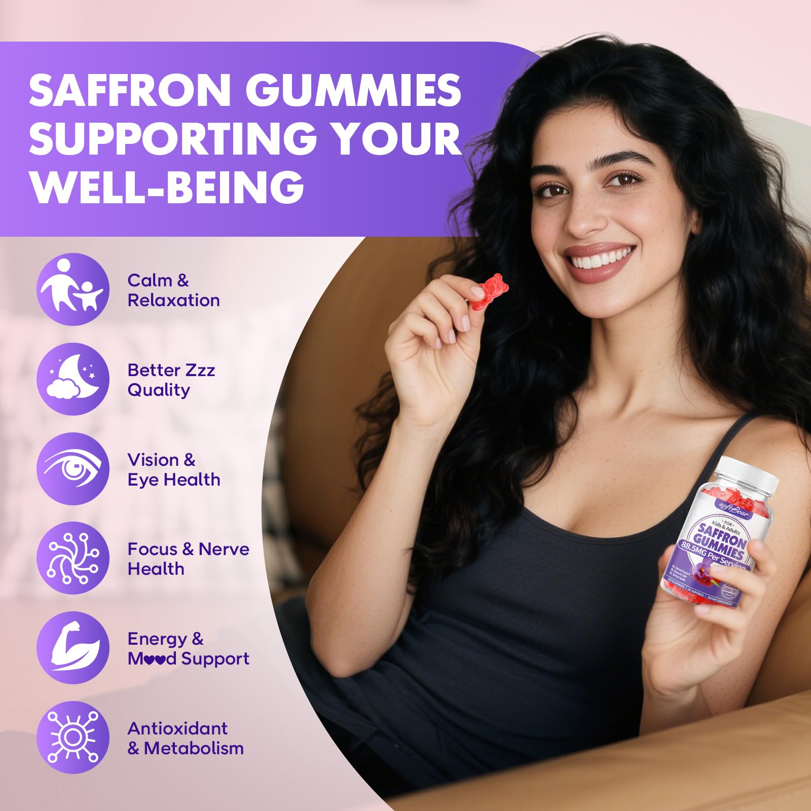 SoftBear Saffron Gummies ingredients label close-up showing organic, vegan, non-GMO formula