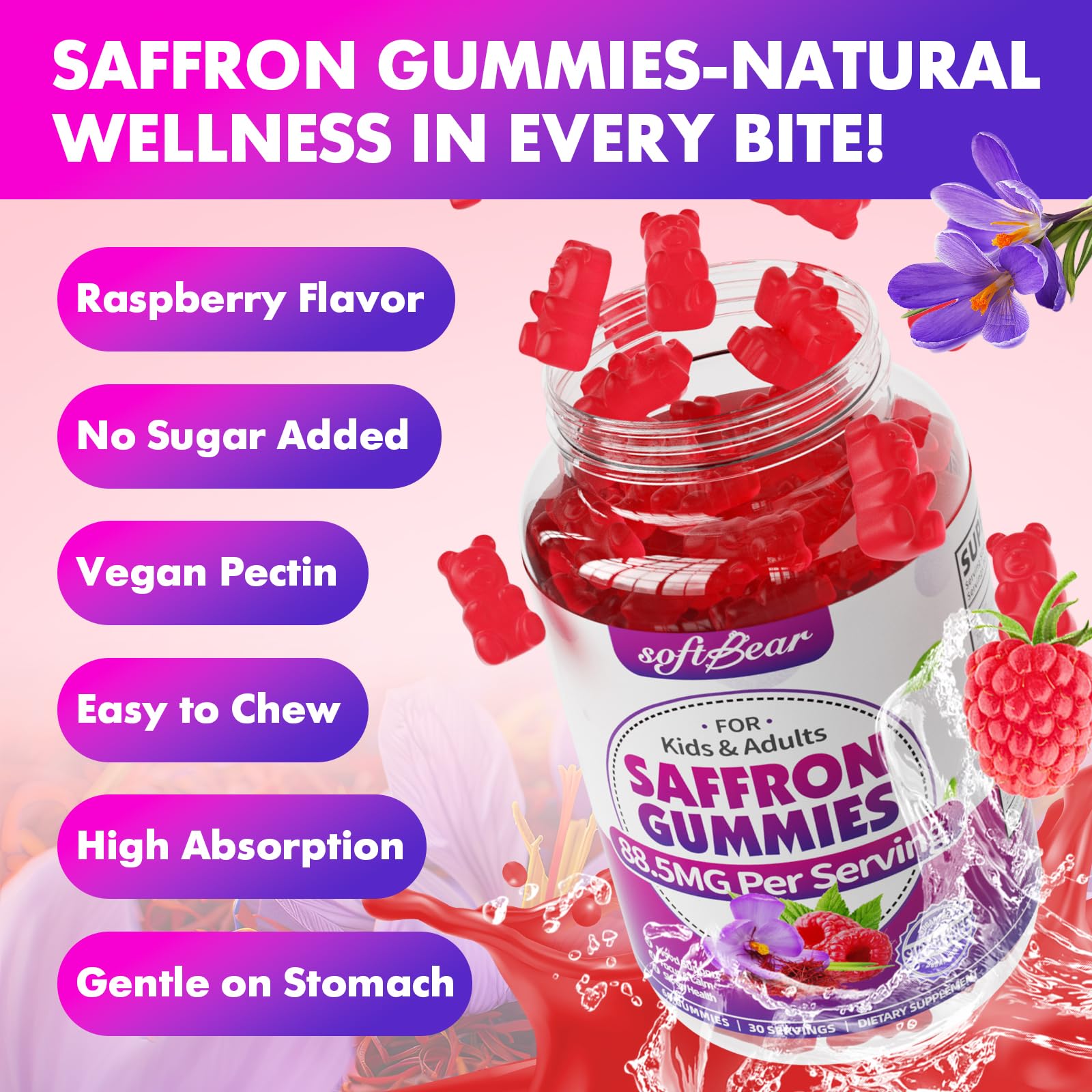 Softbear saffron gummies organic-label spotlights vegan, gluten-free, non-GMO assurance